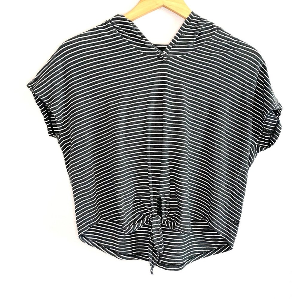 lululemon athletica Black and White Striped Short Sleeve Hooded Tie-Front Top
